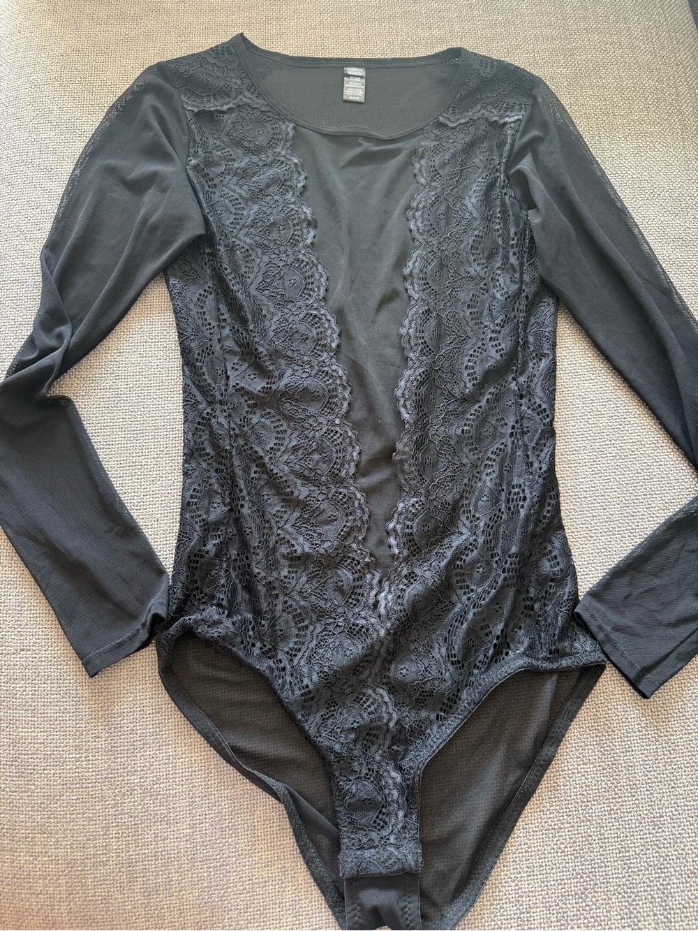 Black Mesh Lace Sheer Goth Alt Witchy Vampire Lingerie LongSleeve Bodysuit M